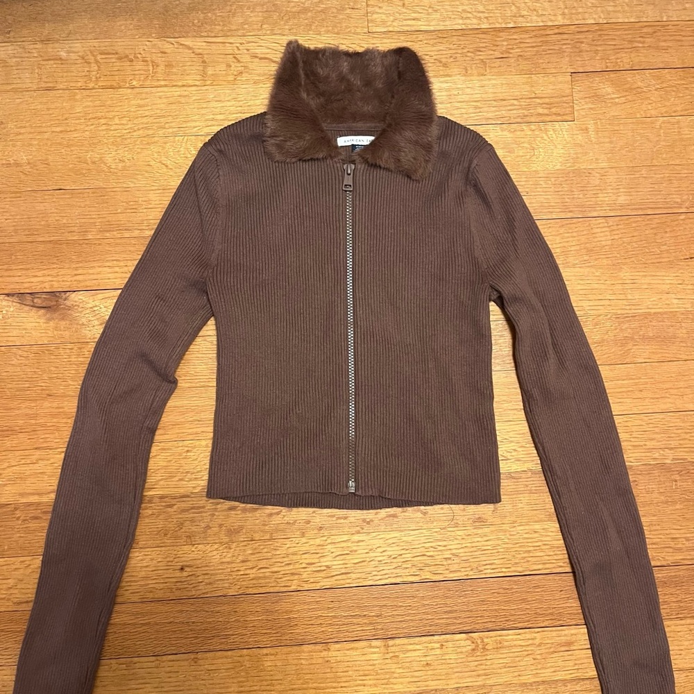 American Eagle Outfitters Brown Teddy Zip-Up with Faux Fur Collar